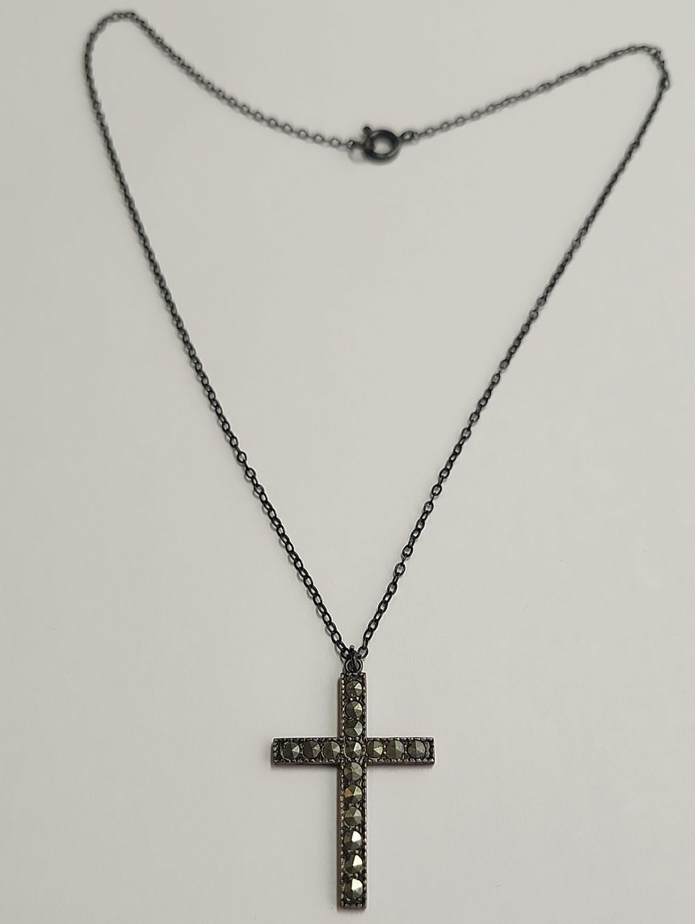 Sterling Silver Oxidized Vintage Marcasite Cross Pendant Necklace 18" Length